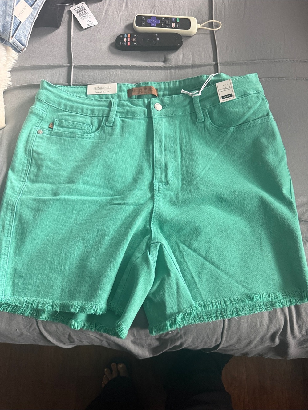 Judy Blue Teal Fringe Hem Denim Shorts